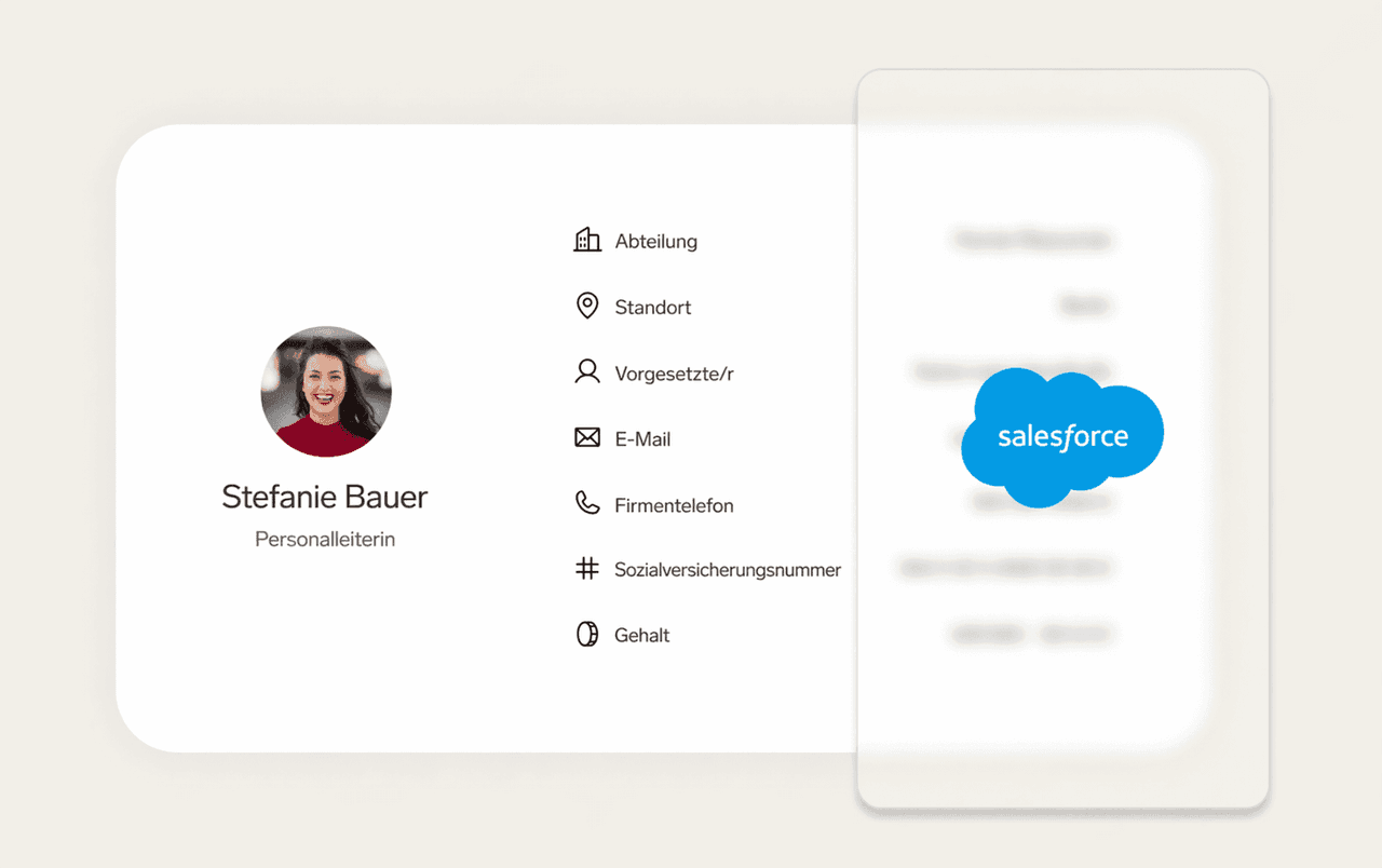 User profile interface for Stefanie Bauer, HR Manager, showing personal details and a Salesforce logo.