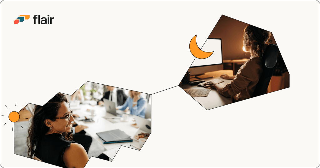 An office worker virtually collaborates with a colleague in a different time zone.