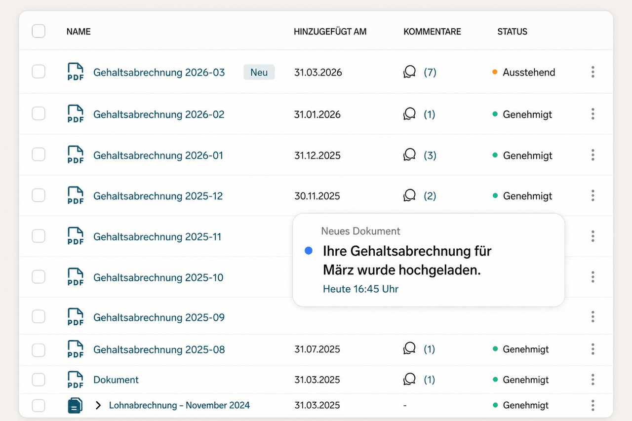 Digital interface listing German payslips with statuses, showing a new document upload notification.