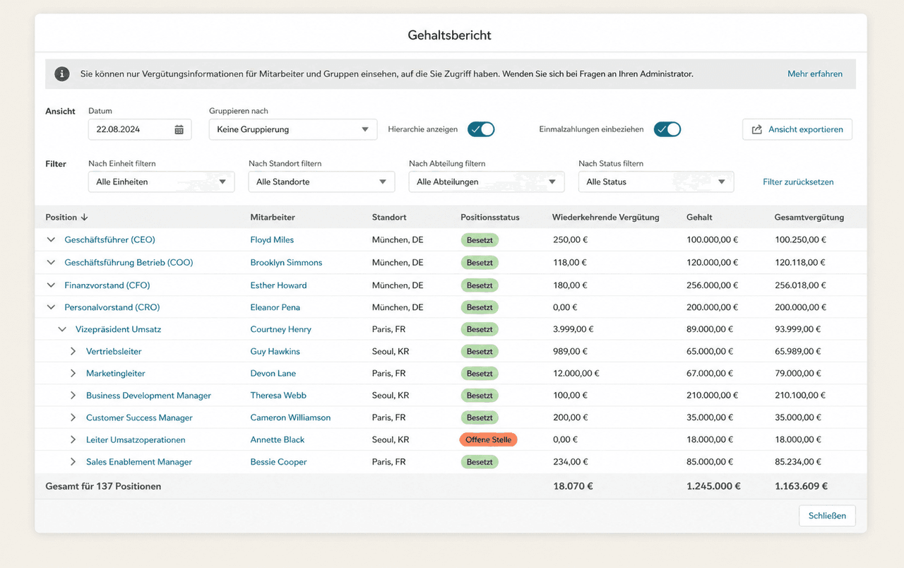 German software interface table with job positions, employee details, salaries, and filter controls.