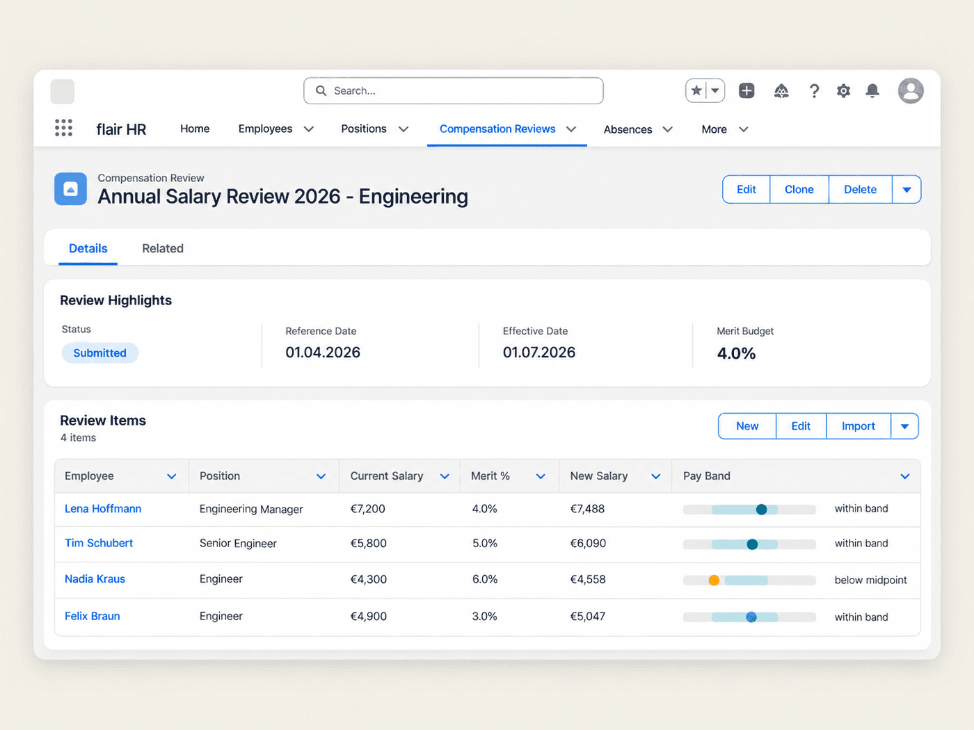 Salesforce-style compensation review with merit percentages and pay band checks