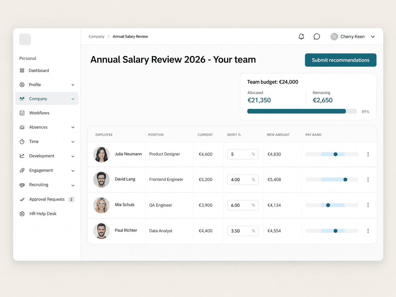 Manager hub view for salary recommendations and approval status