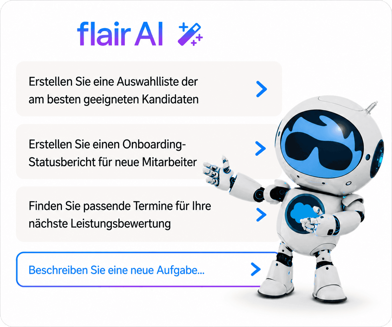 flair AI robot assistant guides users through HR tasks like candidate selection and onboarding.