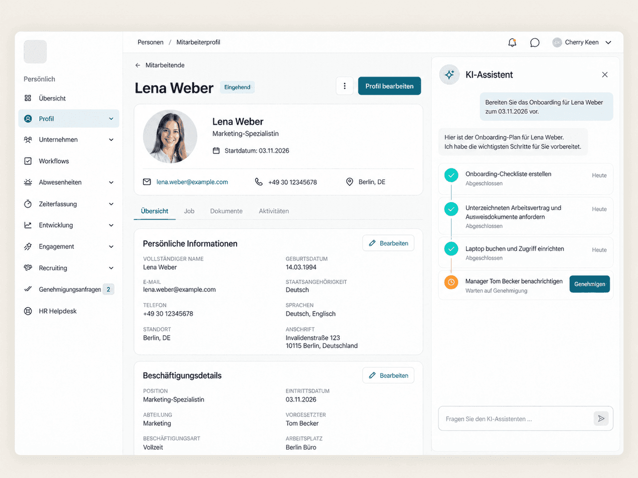 flair-AI-Agent erledigt eine Onboarding-Aufgabe Schritt für Schritt im Employee Hub