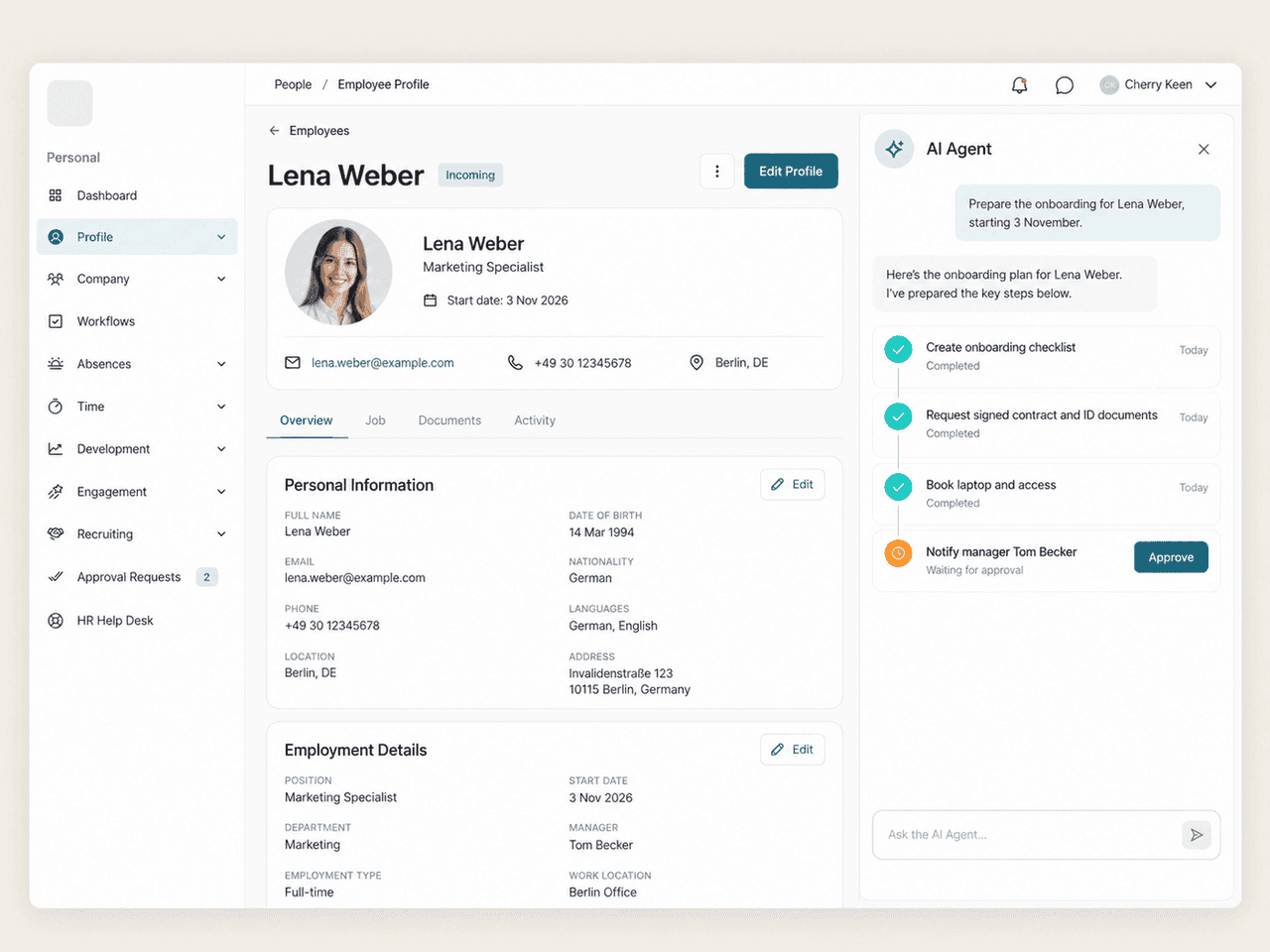 flair AI company agent completing an onboarding task step by step in the Employee Hub