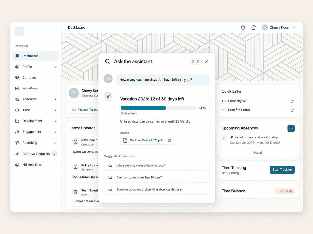 AI assistant in the Employee Hub answering a vacation balance question with a cited policy