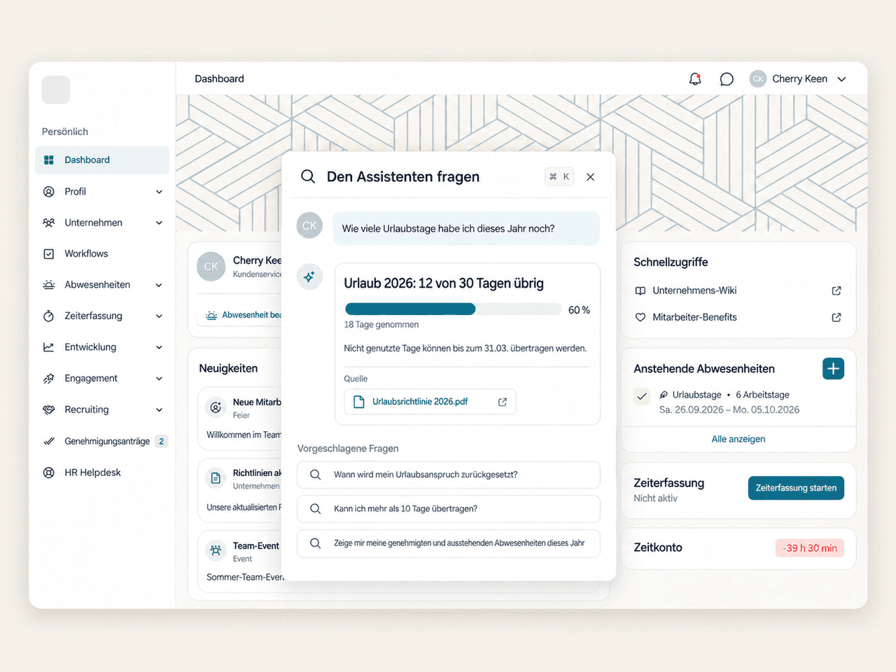 KI-Assistent im Employee Hub beantwortet eine Frage zum Urlaubssaldo mit zitierter Richtlinie