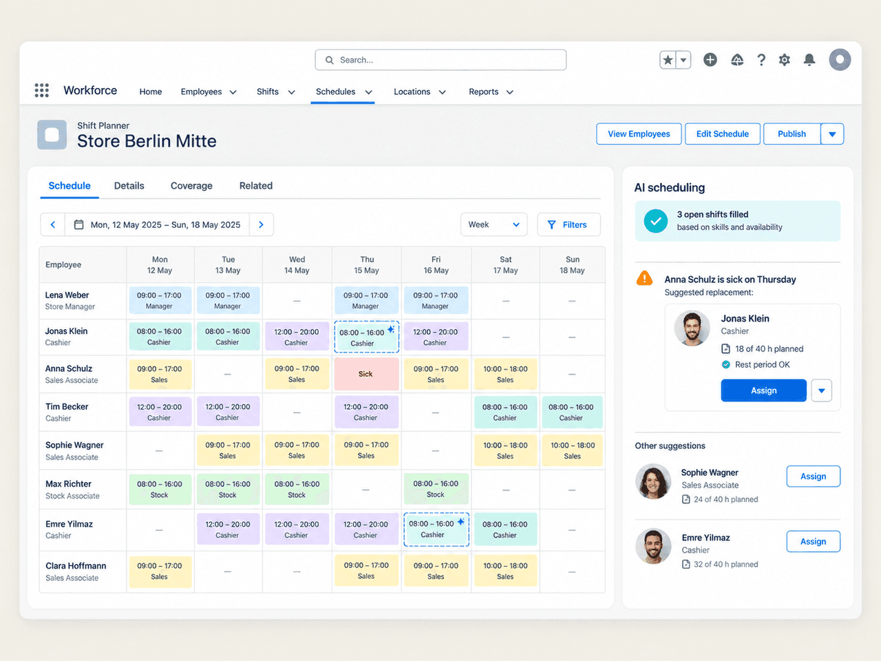Weekly shift plan with AI suggestions for open shifts and a sick-day replacement