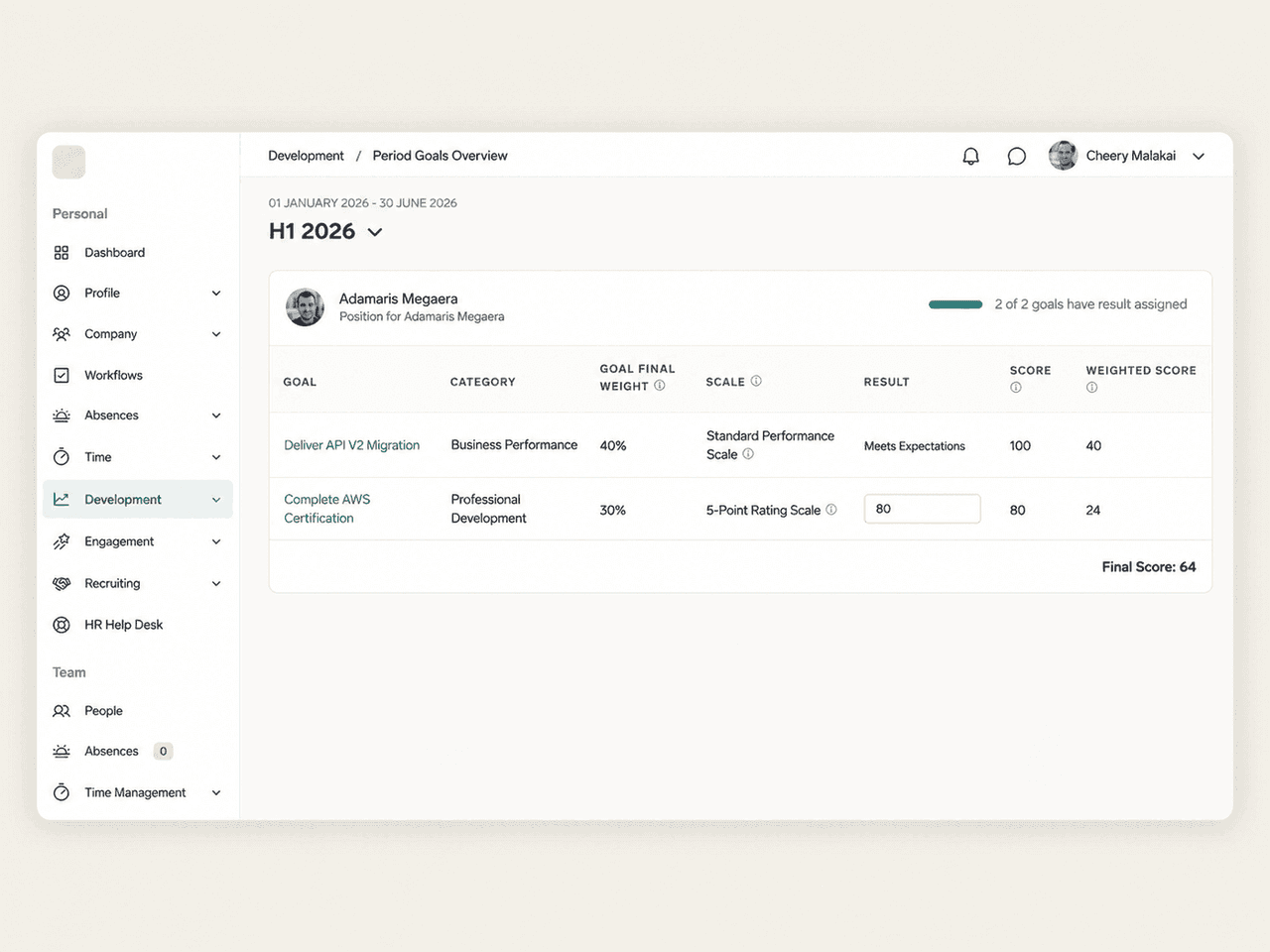 Period Goals Overview with goals, categories, final weights, results and weighted scores per employee