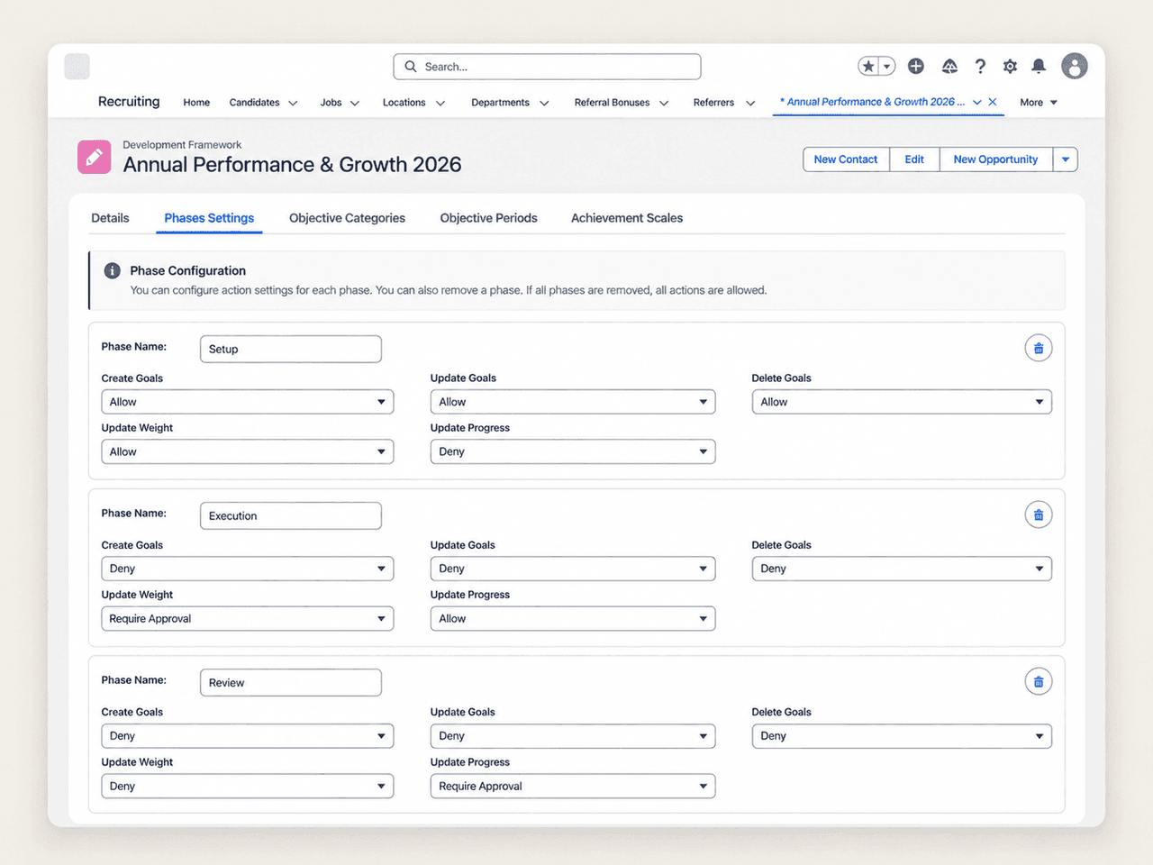 Phase settings with Allow, Deny and Require Approval options for Setup, Execution and Review