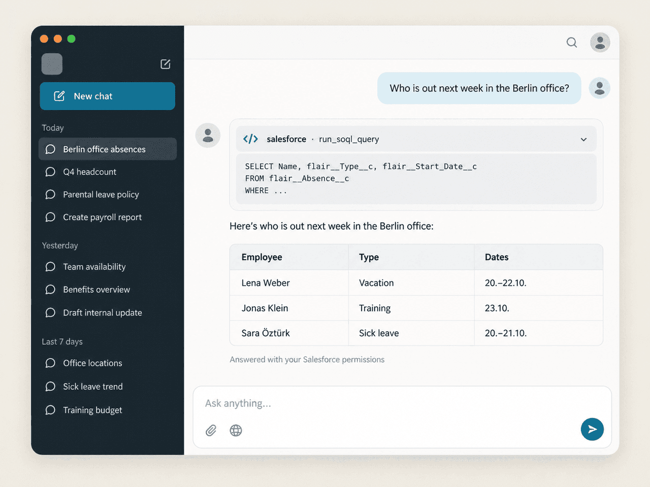 AI client calling Salesforce MCP tools to list next week's absences from flair