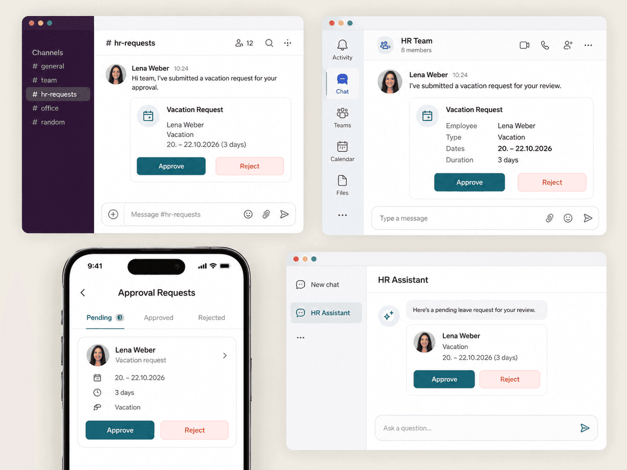 The same absence approval shown in Slack, Microsoft Teams, the flair mobile app and an AI chat