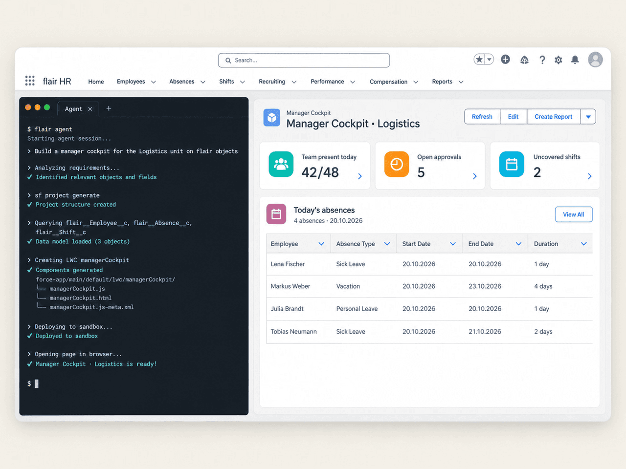 Coding agent generating a manager cockpit on flair objects with the Salesforce CLI