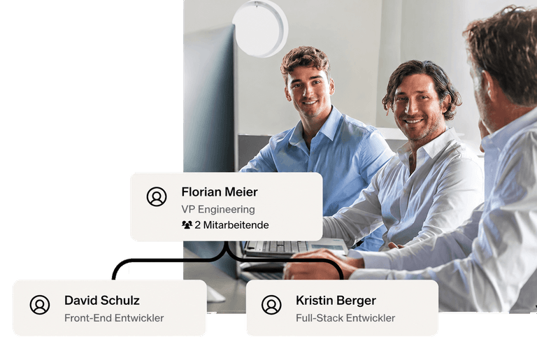 Three smiling colleagues collaborating around a computer, with team hierarchy details visible.