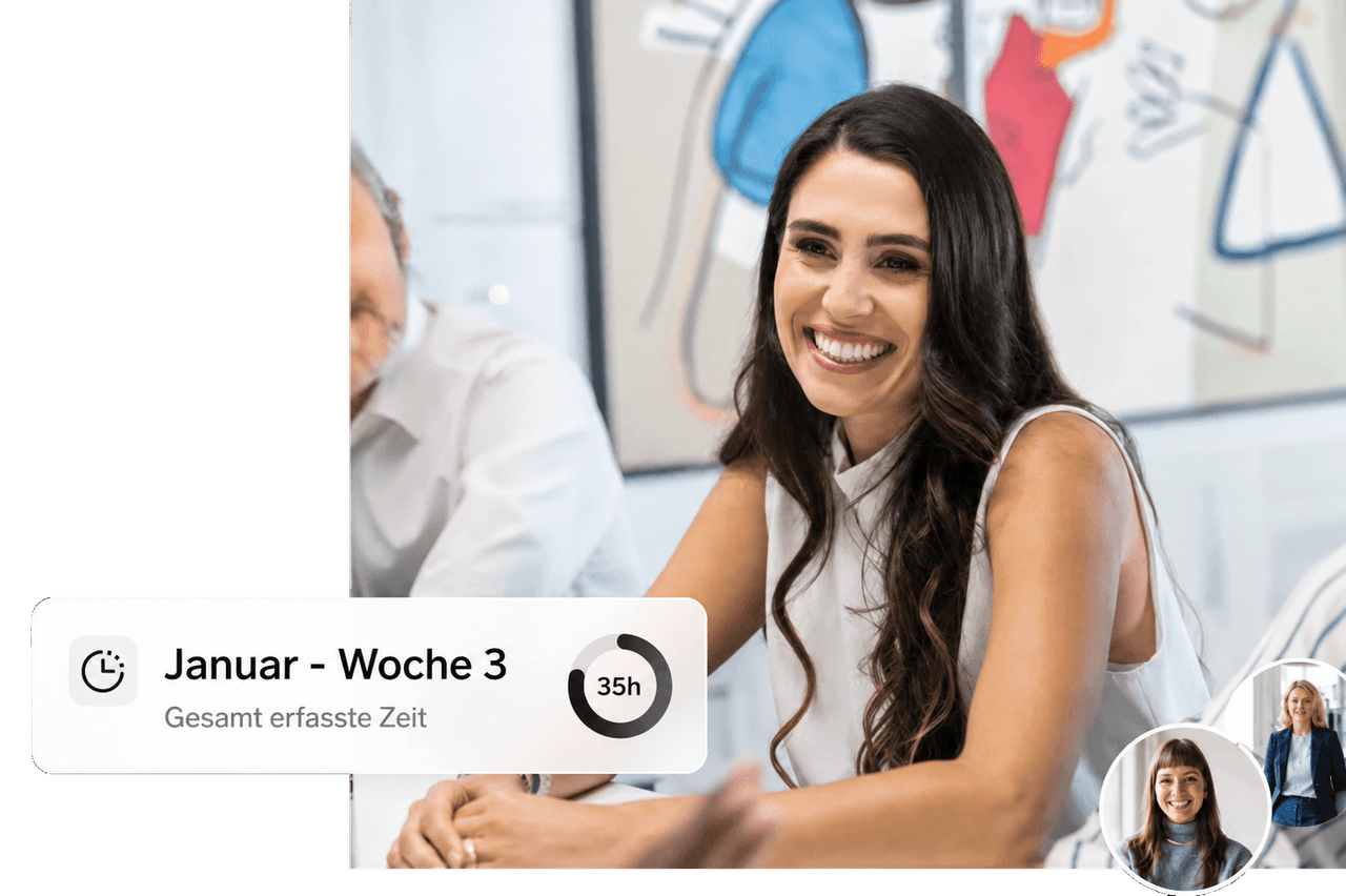 Smiling businesswoman participates in a meeting, an overlay displays '35h' time tracked.