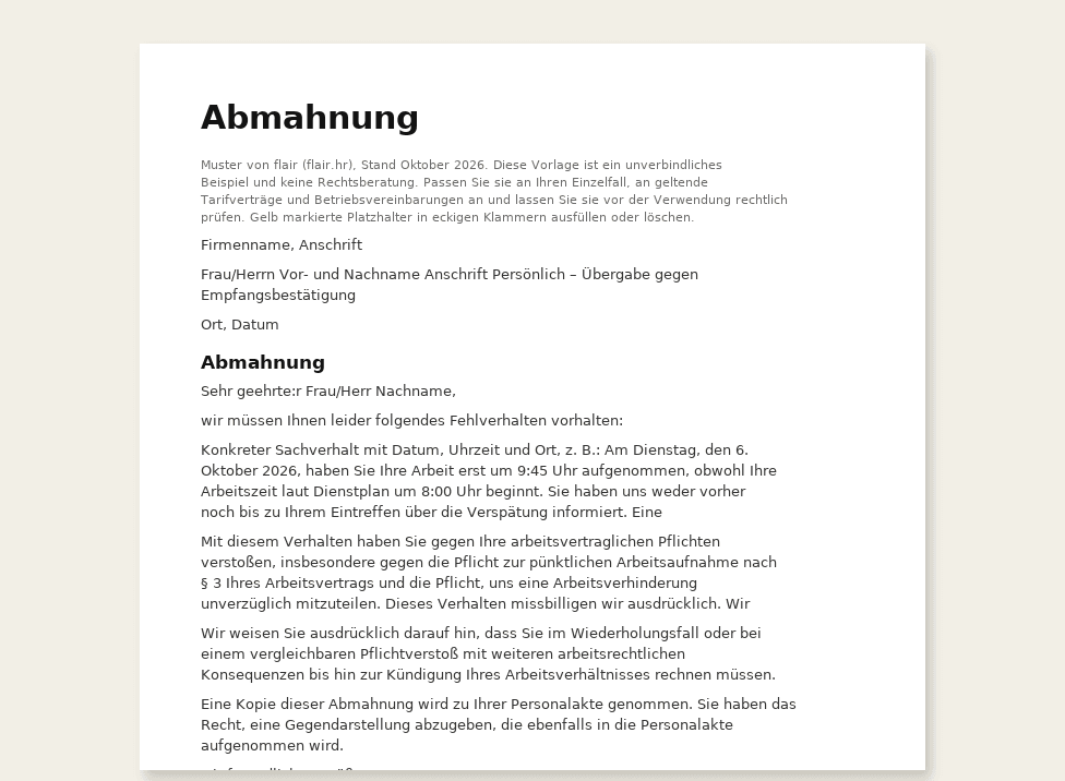 Abmahnung Muster: Word-Vorlage für Arbeitgeber