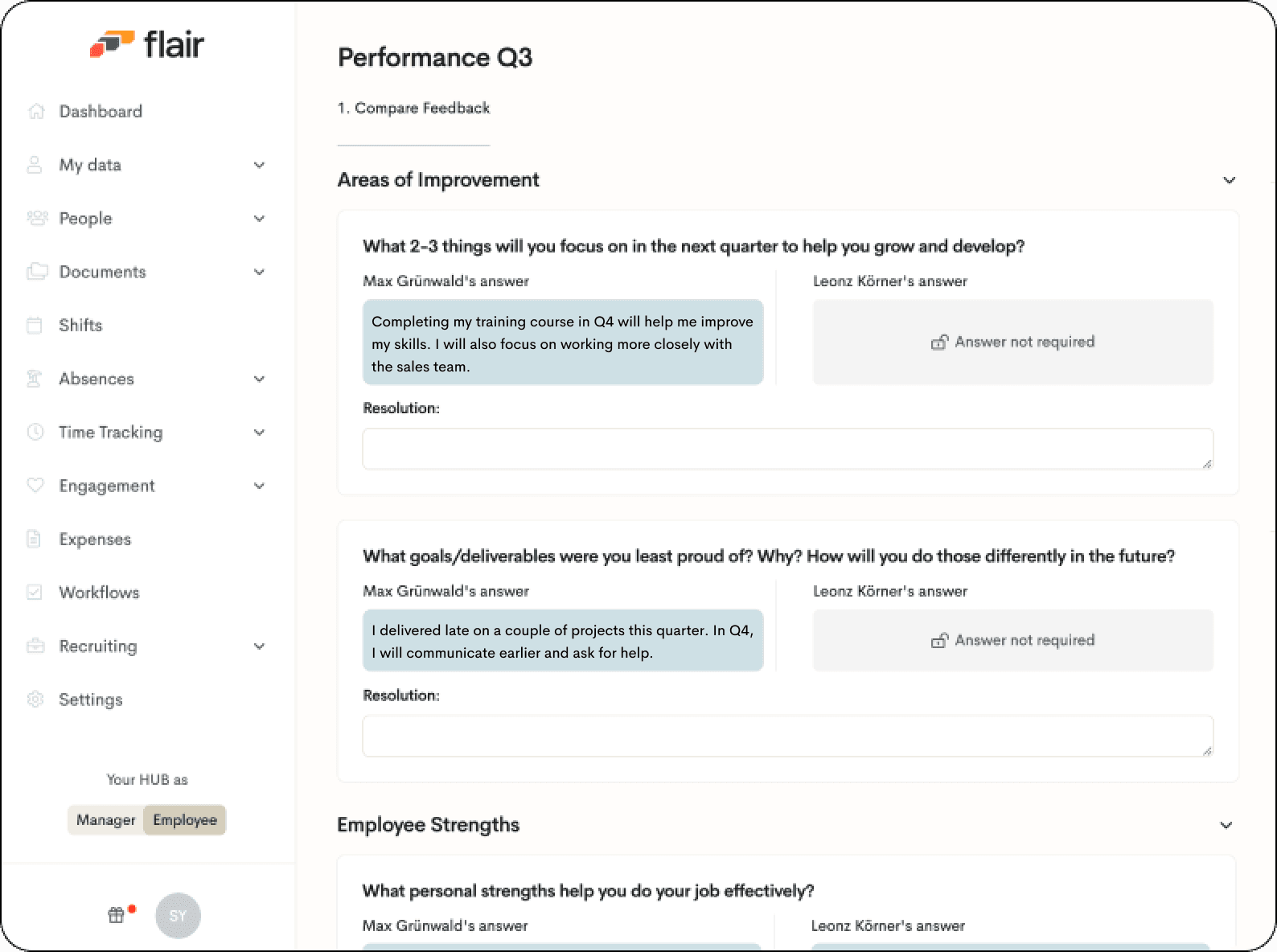 Screenshot of a performance review in the flair Employee Hub