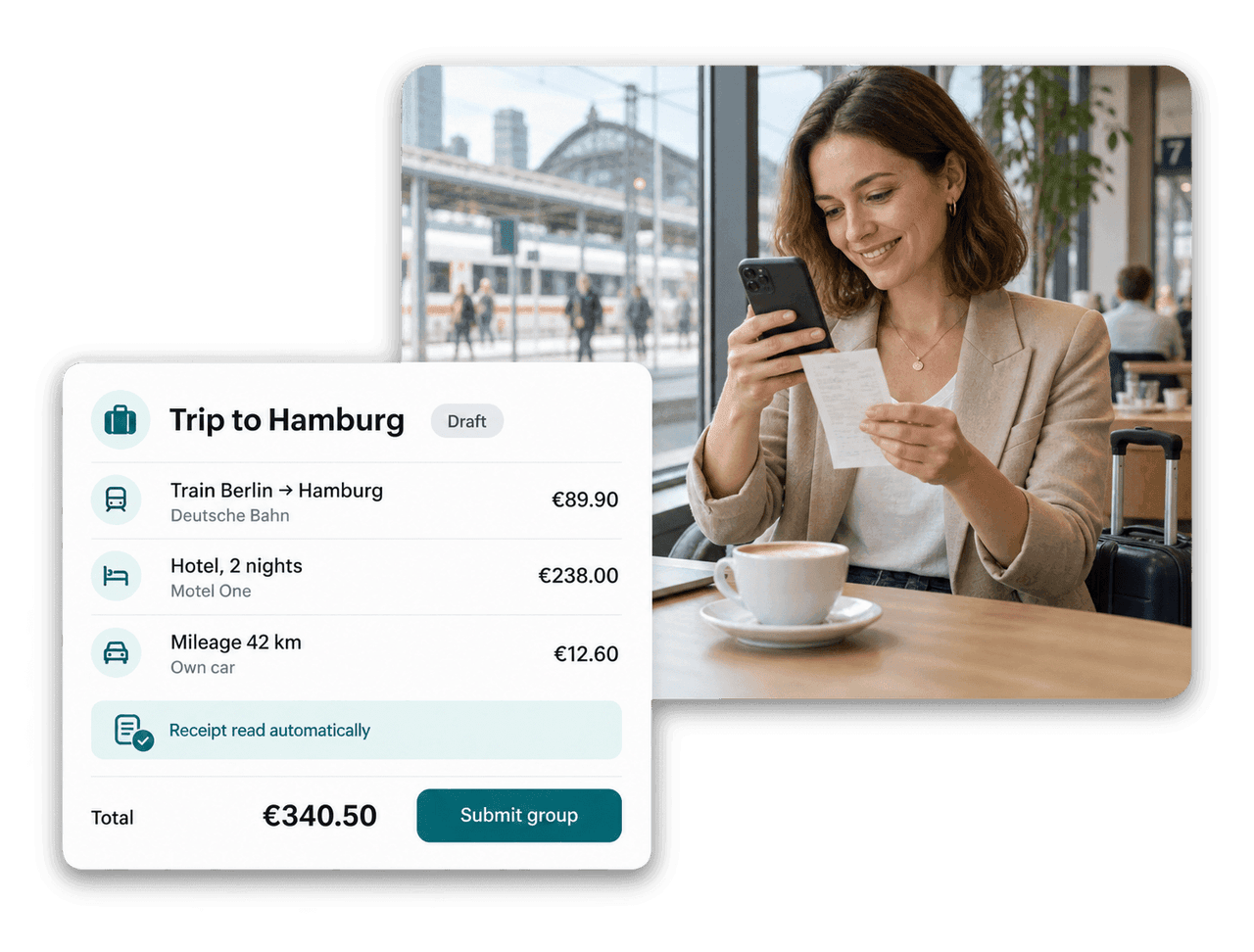 Employee submitting a travel expense with a receipt in flair