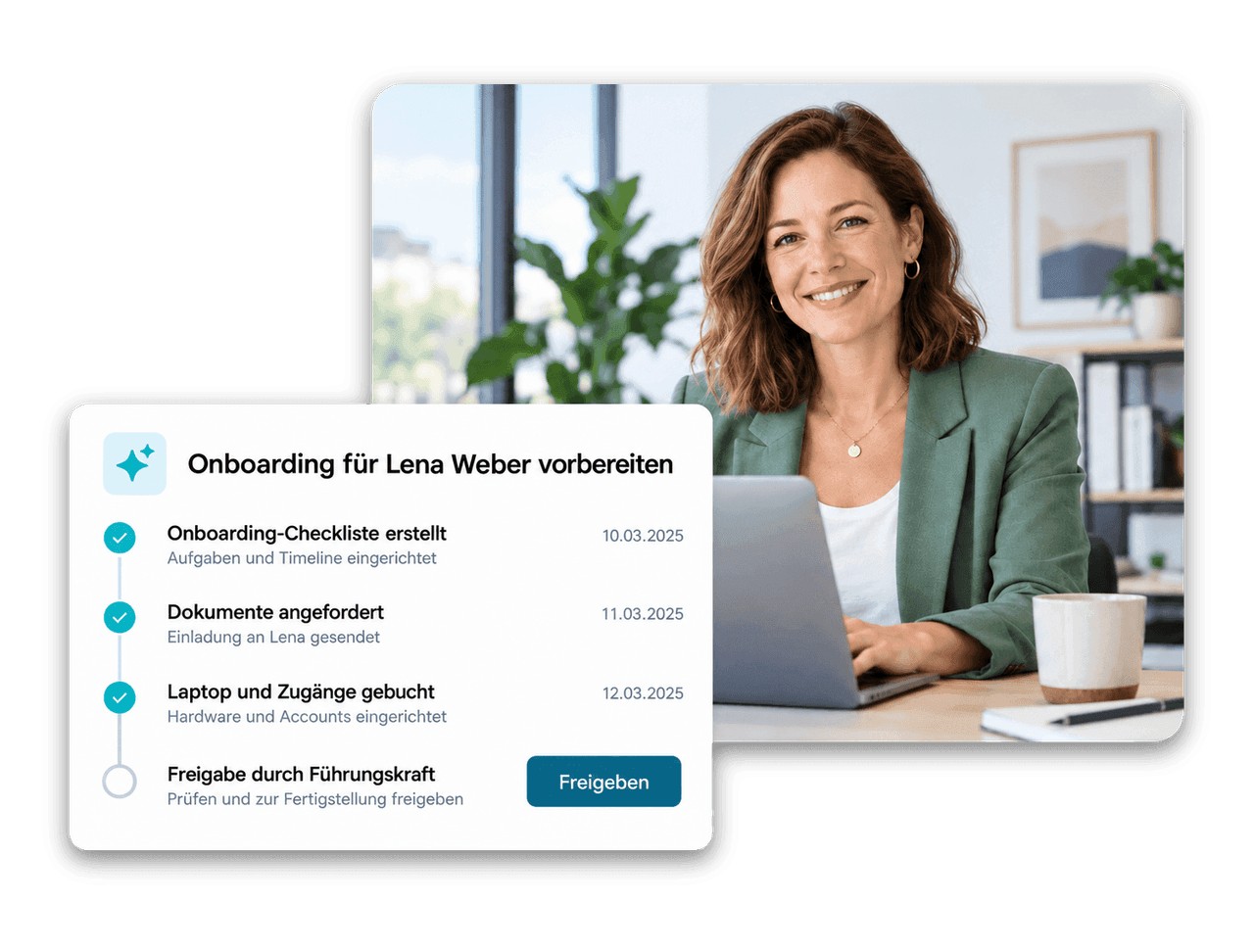 HR-Managerin arbeitet mit dem flair-AI-Agenten und -Assistenten im Employee Hub