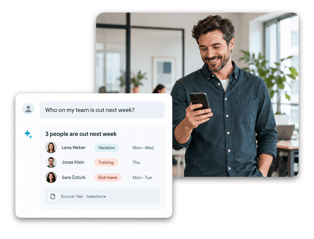 HR leader asking an AI agent about team absences, answered from flair HR data on Salesforce