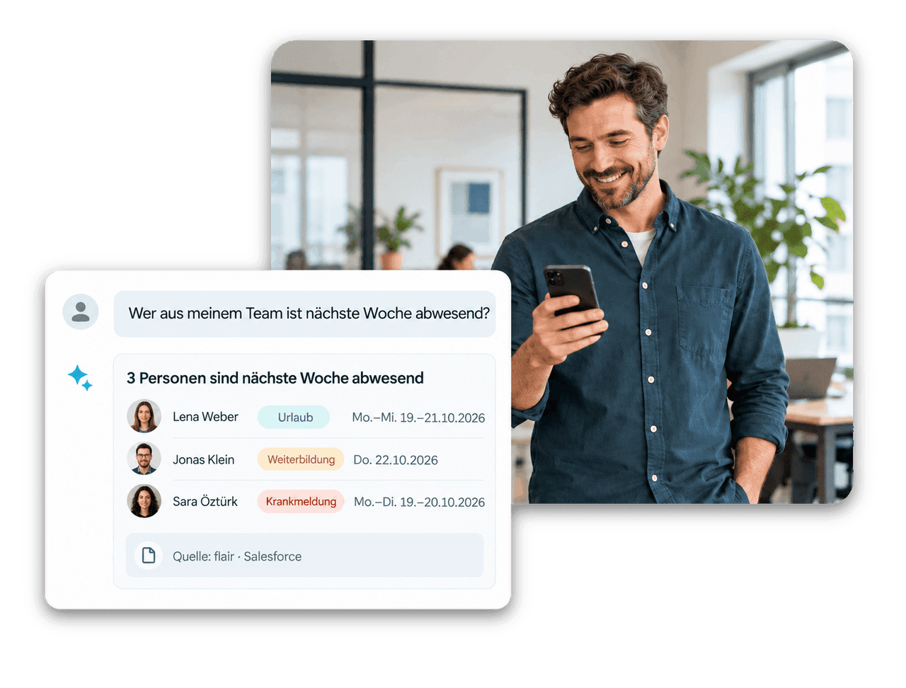 HR-Leiterin fragt einen KI-Agenten nach Abwesenheiten im Team, beantwortet aus flair-HR-Daten auf Salesforce