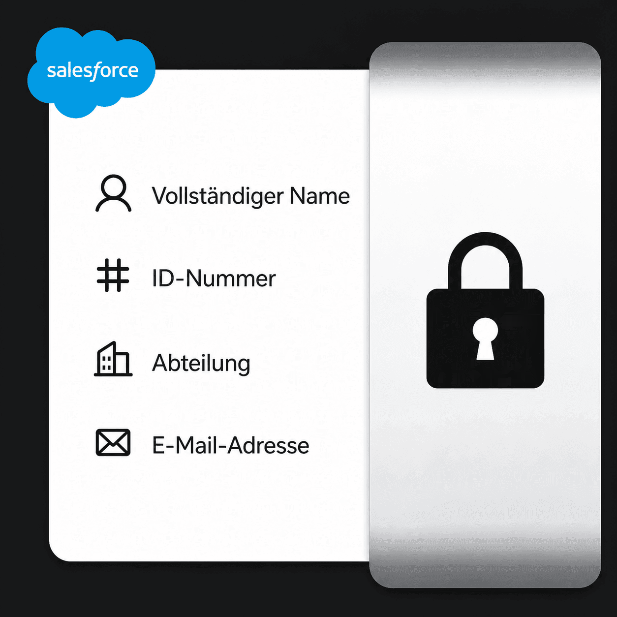 Salesforce profile screen displaying German data fields and a large security lock icon.