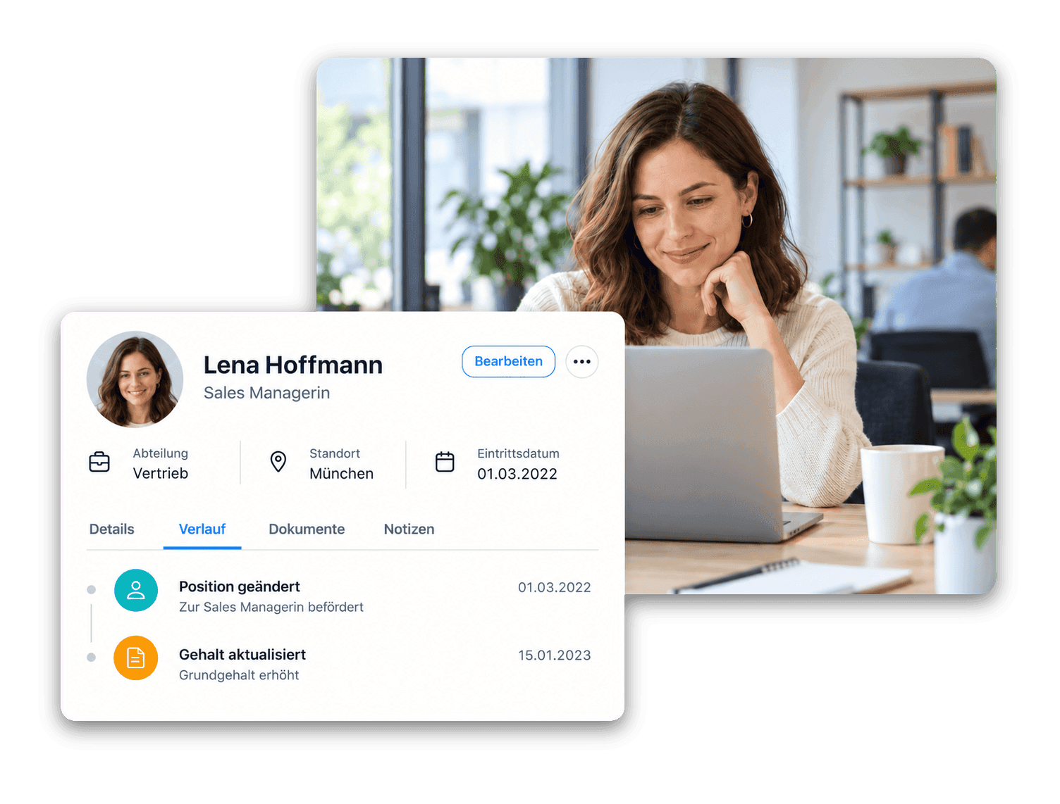 HR-Managerin prüft ein Mitarbeiterprofil in flair
