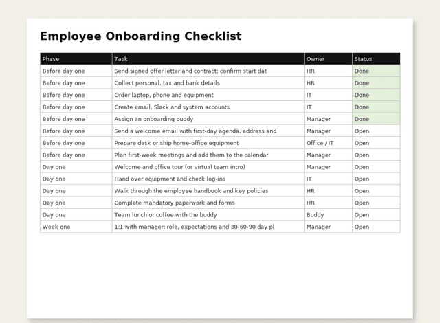 Employee onboarding checklist in Excel with phases, tasks, owners and status