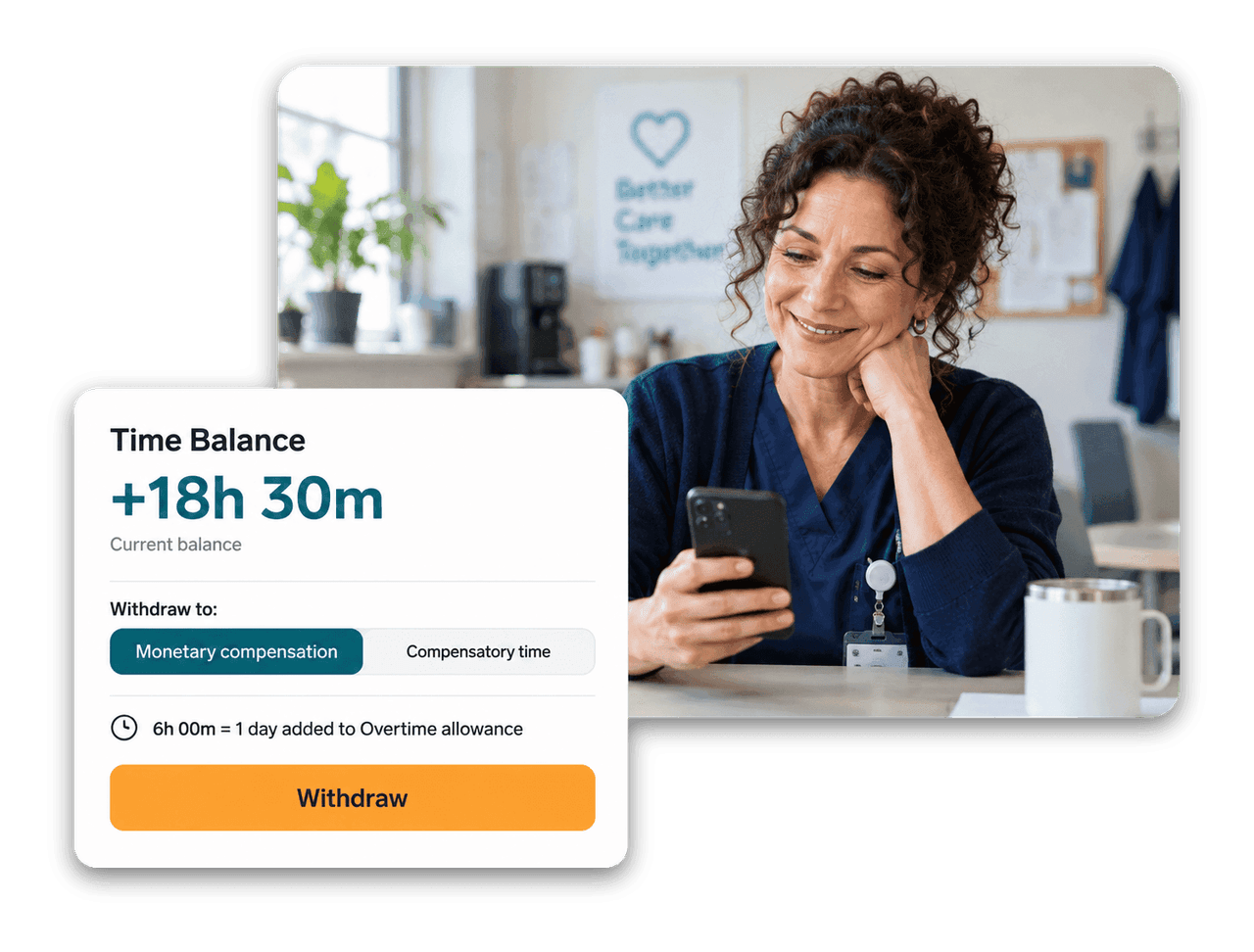 Employee Hub time balance card with a withdrawal to monetary compensation