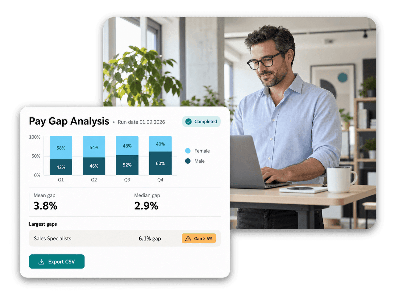 HR manager reviewing a pay gap analysis by pay quartile in flair