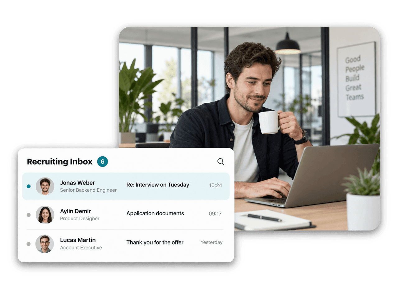 Recruiting Inbox with unread candidate emails grouped by job
