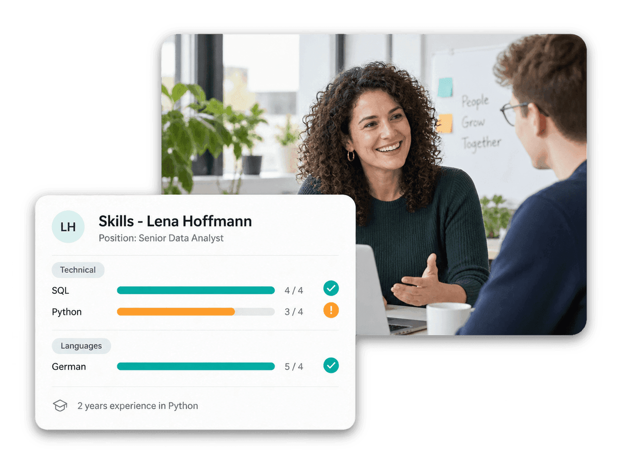 Employee profile with rated skills grouped by category and a target level comparison