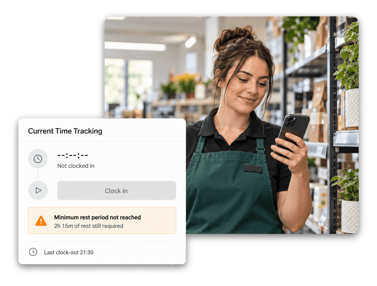 Employee Hub notice showing a clock-in blocked until the minimum rest period is complete