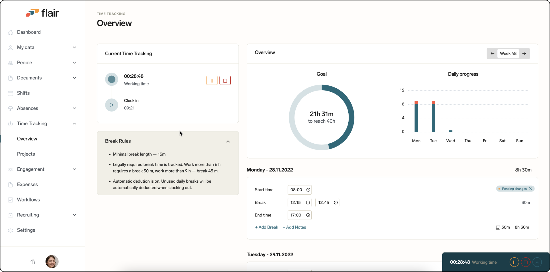 The time tracking overview in flair