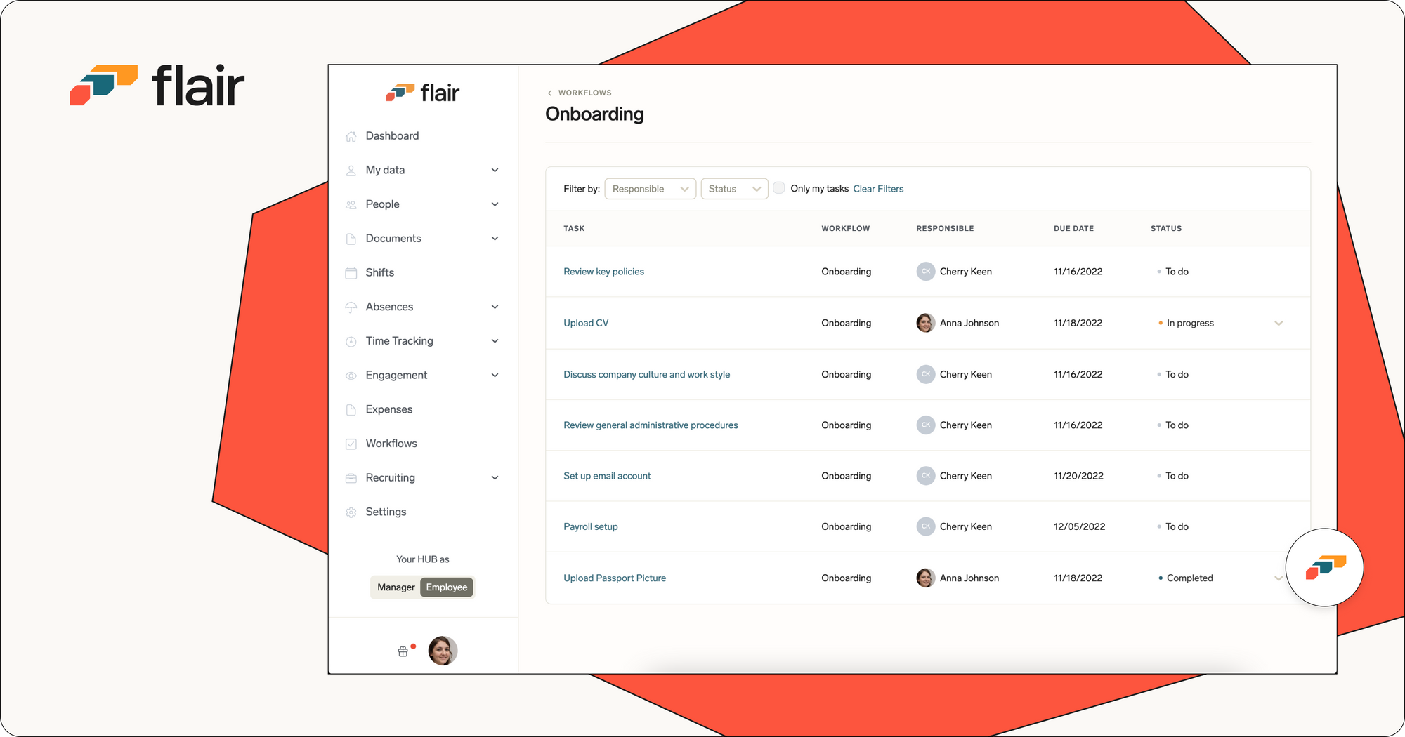 Screenshot of flair onboarding workflow