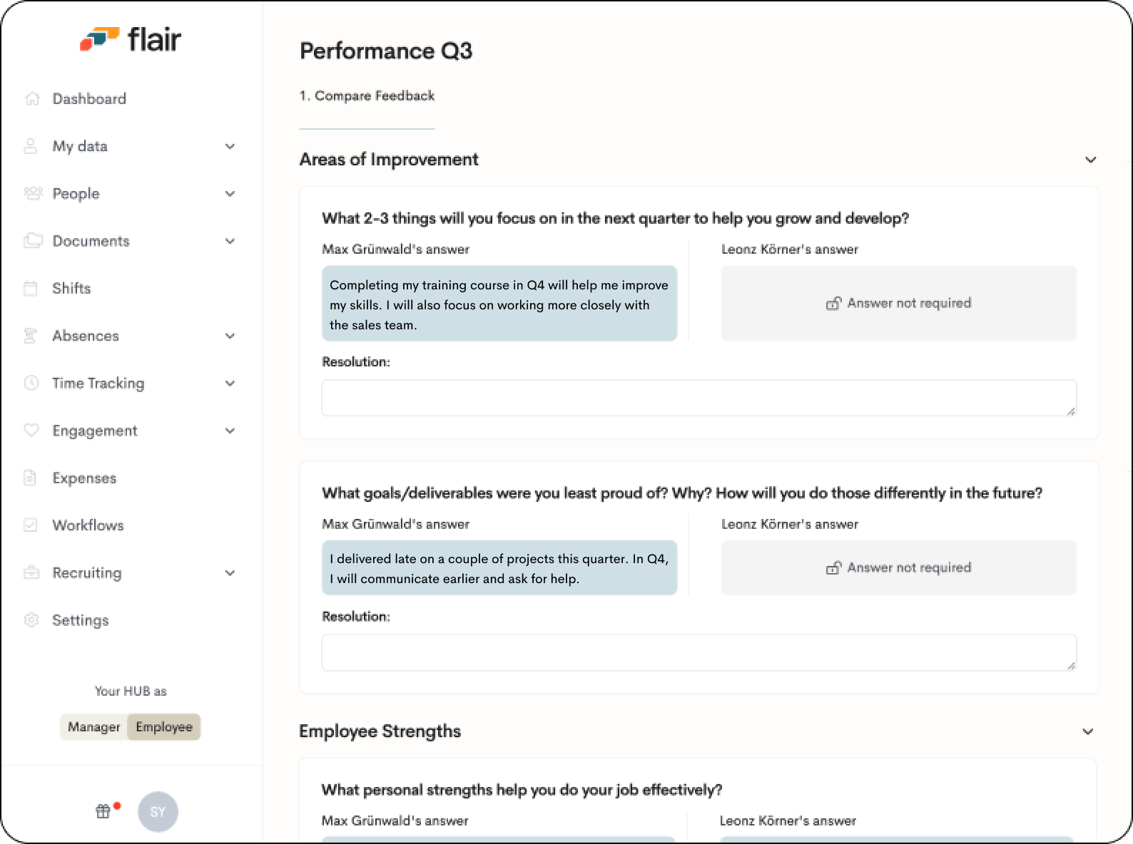 Screenshot of a performance review in the flair Employee Hub 