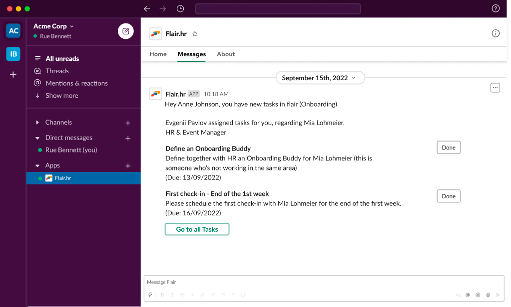 A screenshot of Slack, integrated with the flair.hr app.