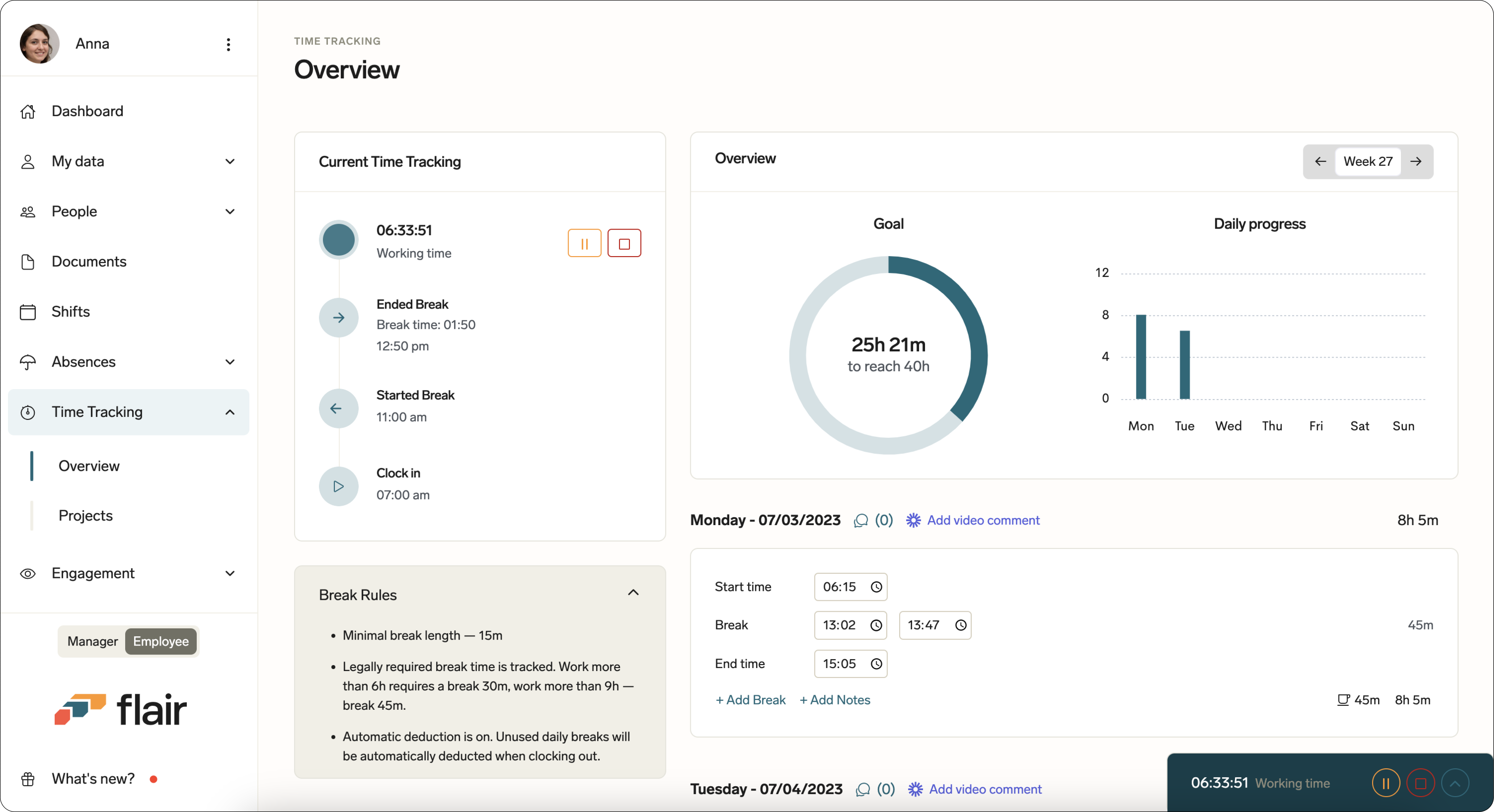 A time-tracking dashboard in flair