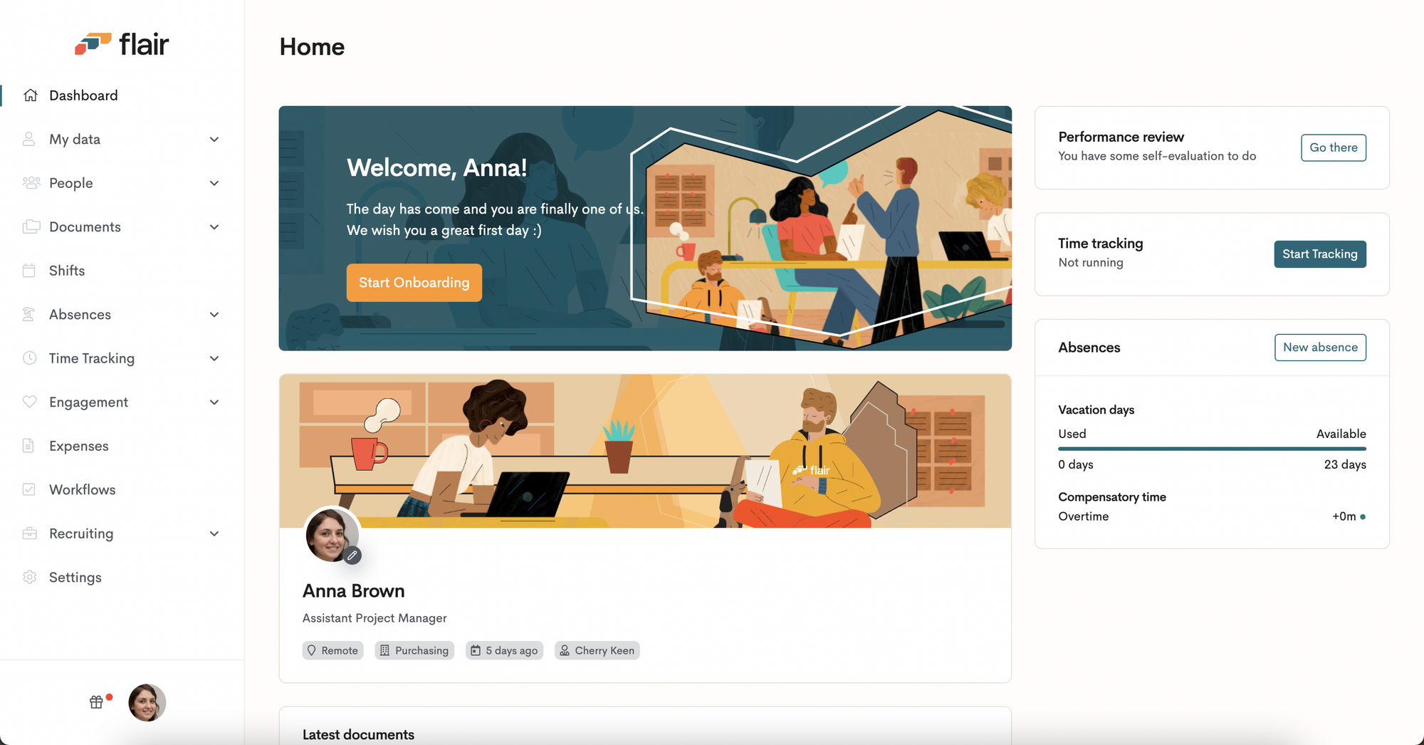A screenshot of the flair HR employee dashboard.