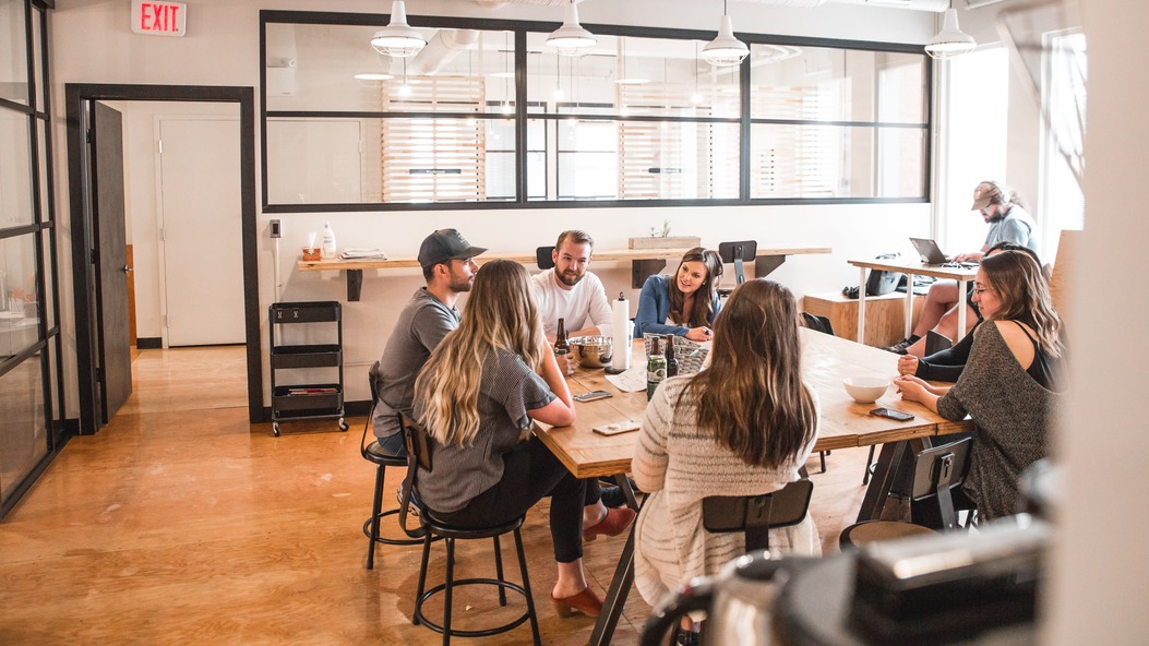 Startup team having lunch together